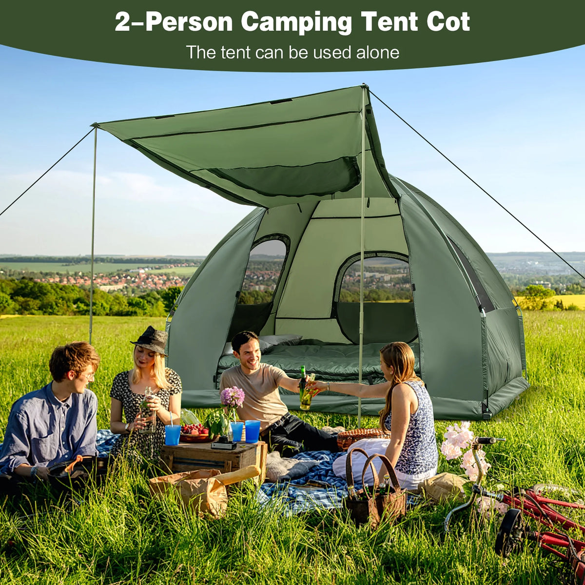 2-Person Pop-Up Tent Camping Cot with Air Mattress and Sleeping Bag F980