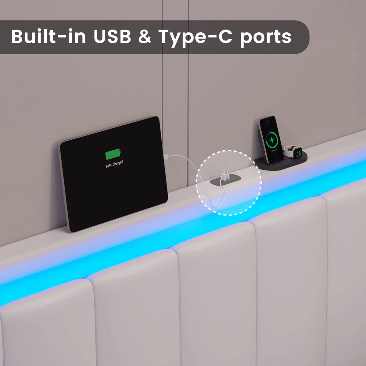 White Queen Upholstered Platform Bed Frame with Charging Station and LED Lights Y679
