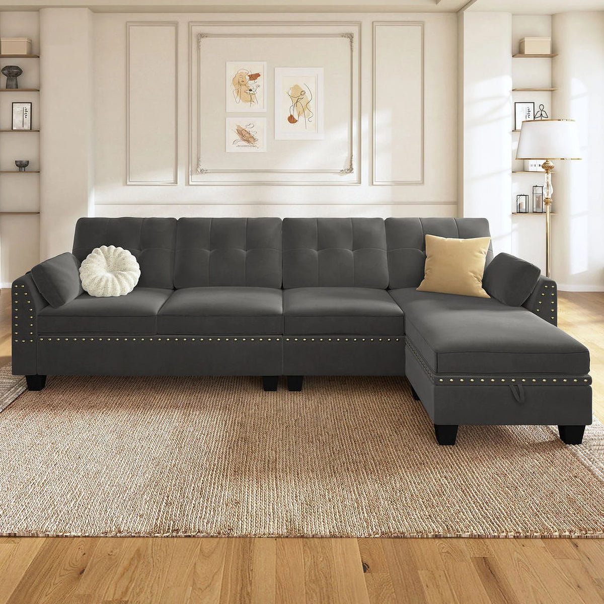 Black Velvet L Shaped Sectional Couch with Storage Ottoman U735420