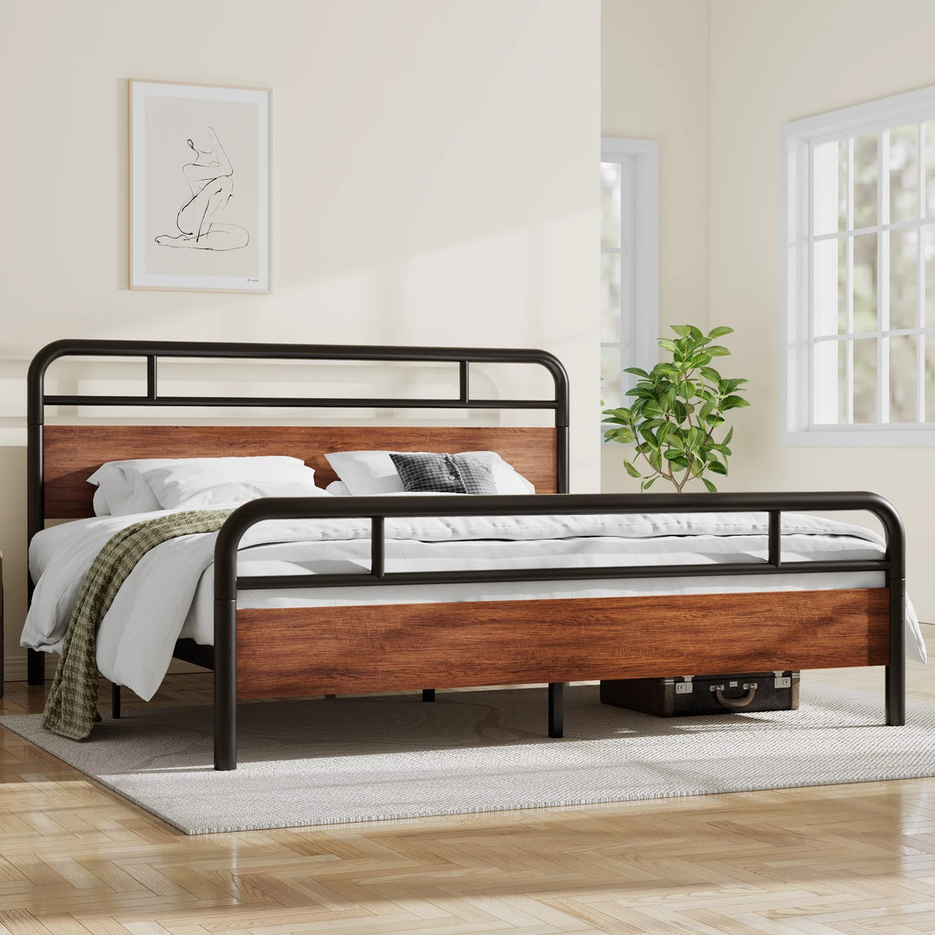 Dark Brown King Size Metal Platform Bed Frame with Wooden Headboard K927