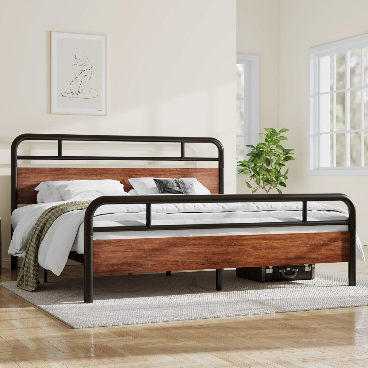 Dark Brown King Size Metal Platform Bed Frame with Wooden Headboard K927