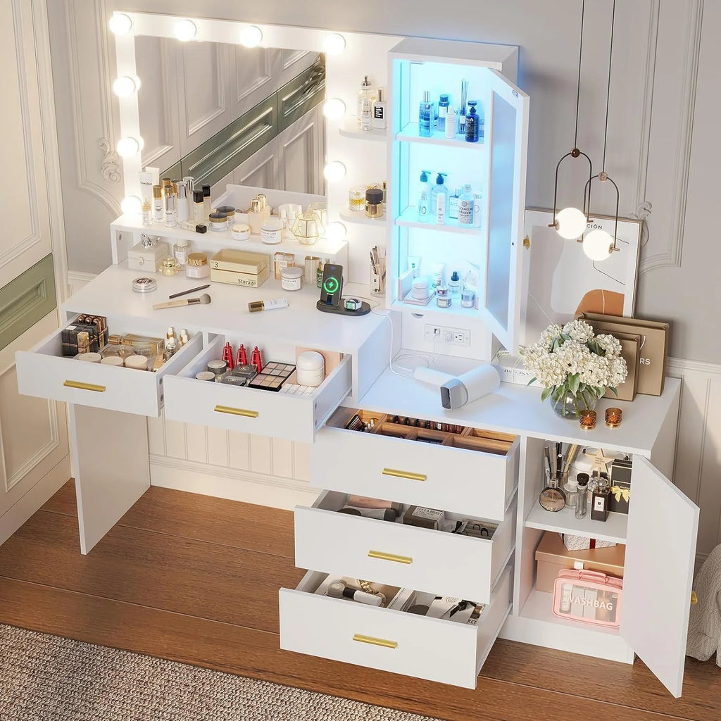 White Vanity with Mirror and Lights C26317
