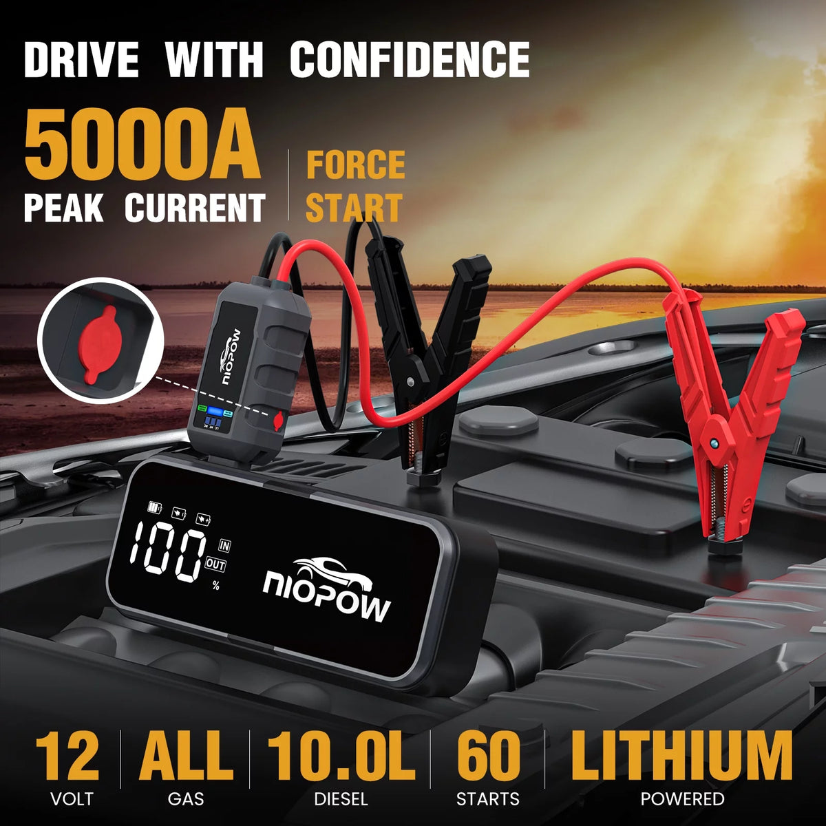 5000A 12V Portable Lithium Jump Starter with 3.3 Display and LED Light W327