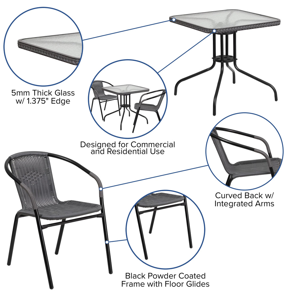 28'' Square Glass Metal Table with 2 Gray Rattan Stack Chairs X81433
