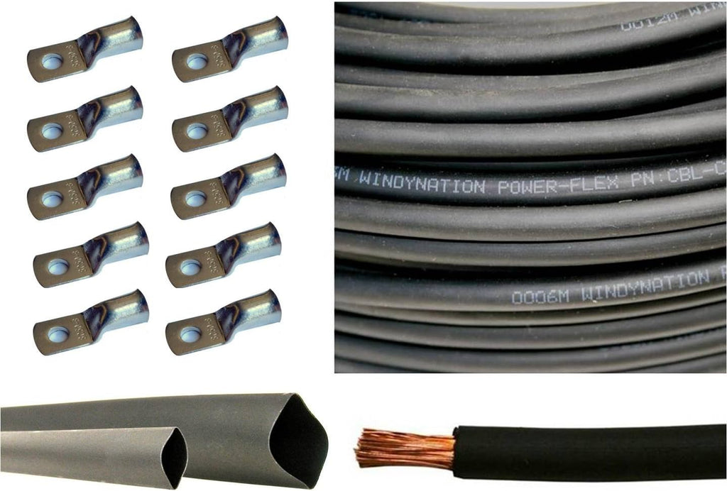 6 Gauge 25 Feet Red + 25 Feet Black Pure Copper Flexible Cable with 10pcs 3/8" Tinned Copper Cable Lug Terminals and 3 Feet Heat Shrink Tubing O42609