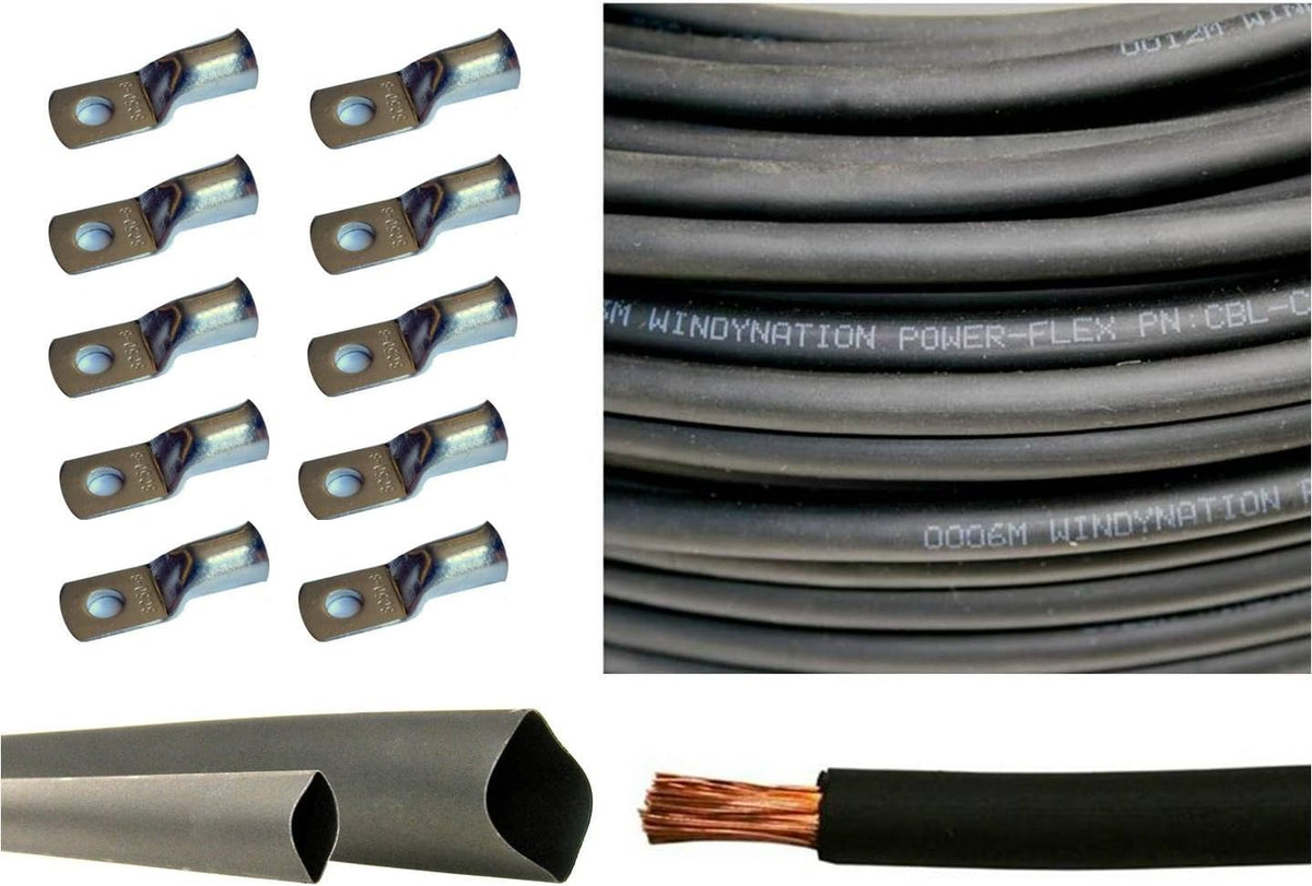 6 Gauge 25 Feet Red + 25 Feet Black Pure Copper Flexible Cable with 10pcs 3/8" Tinned Copper Cable Lug Terminals and 3 Feet Heat Shrink Tubing O42609