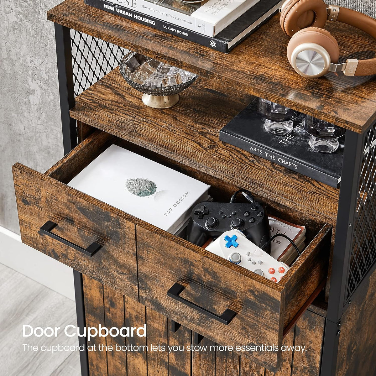 Rustic Brown and Black Freestanding Storage Cabinet with Doors and Shelves O6702