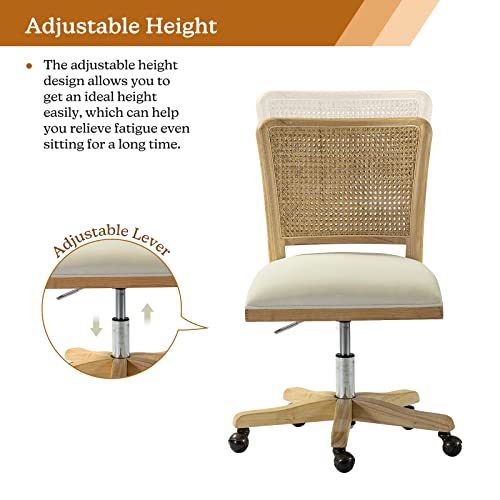 Upholstered Armless Swivel Desk Chair with Rattan Mid-Back A492