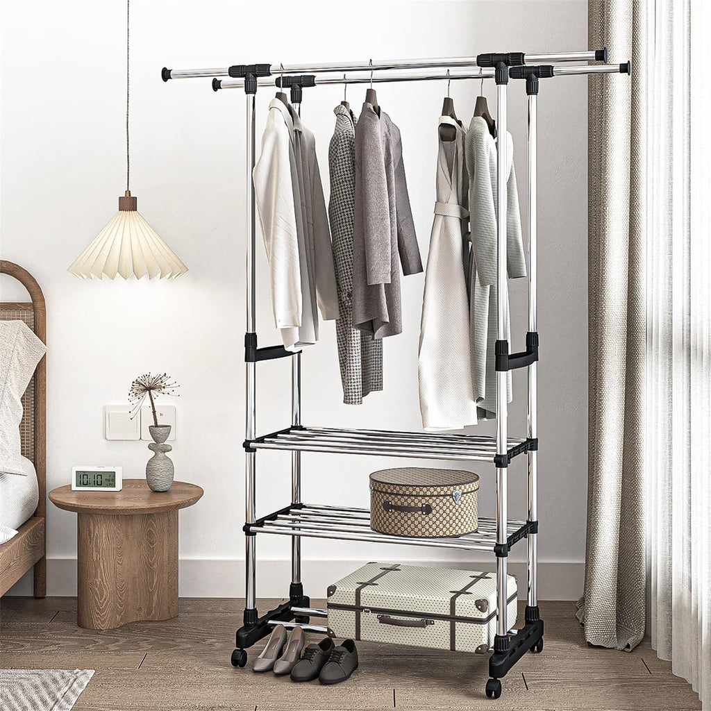 Adjustable Garment Rack with 2 Tier Metal Shelf, Rolling Clothes Organizer W908