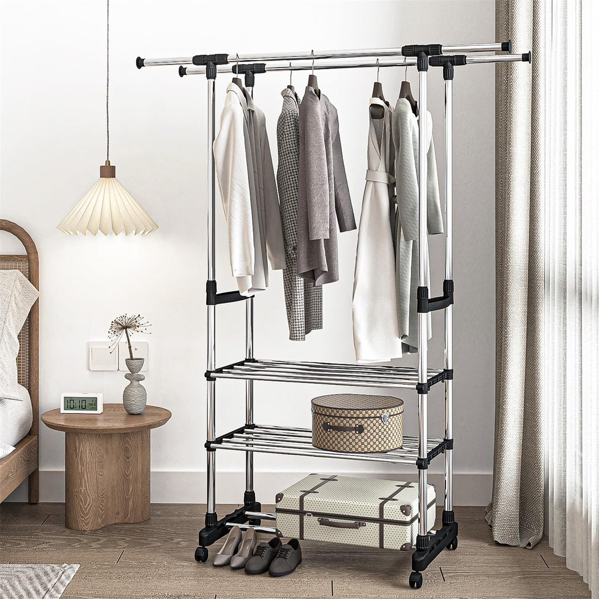 Adjustable Garment Rack with 2 Tier Metal Shelf, Rolling Clothes Organizer W908