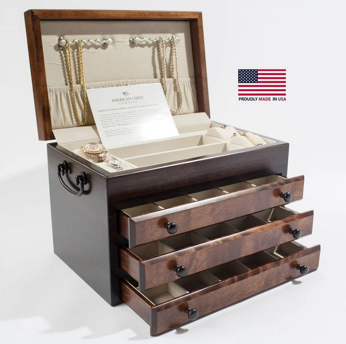 Birch Three-Drawer Jewel Chest Soft-Suede Linings Y34887