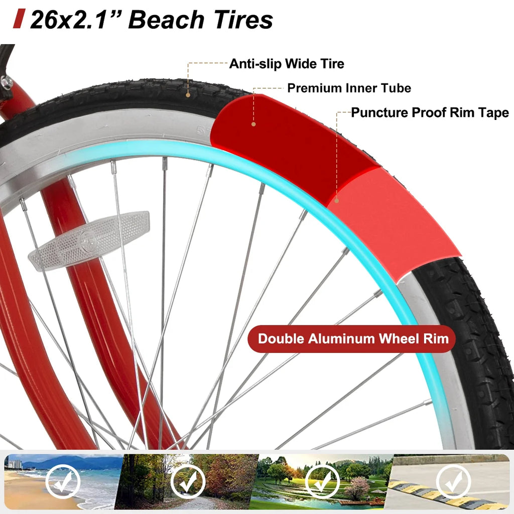26 inch Red Black Blue Beach Cruiser Bike X5961