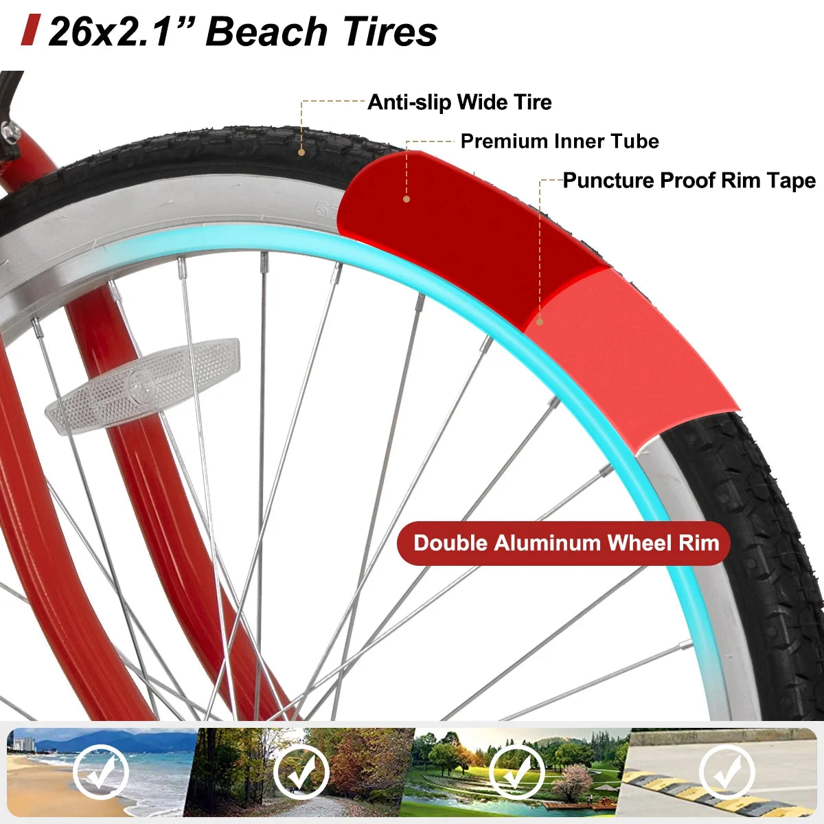 26 inch Red Black Blue Beach Cruiser Bike X5961