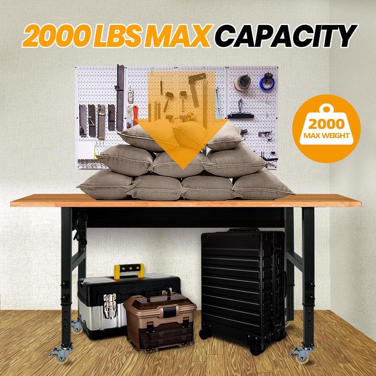 60" Adjustable Work Bench with Rubber Wood Top and Power Outlet X65342
