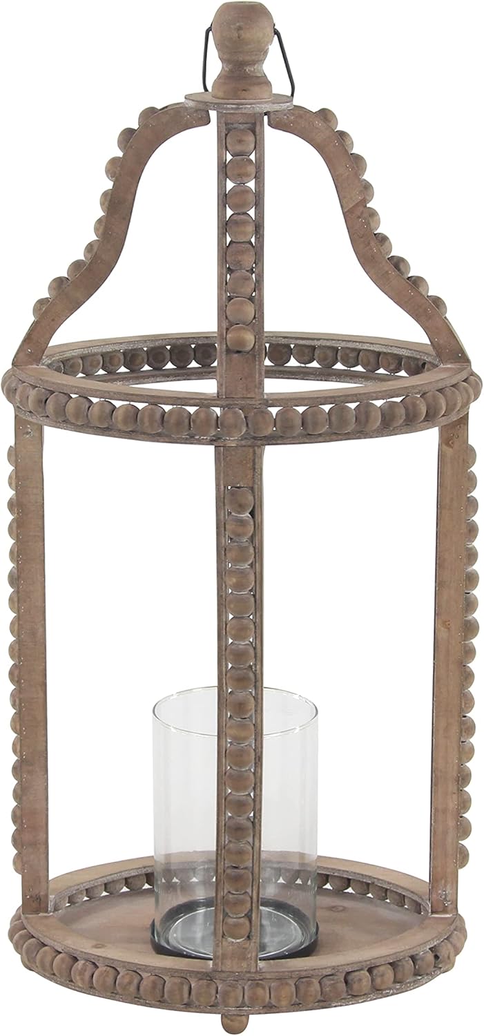 Rustic Wood and Glass Candle Lantern, 10W x 29H, Brown Z753