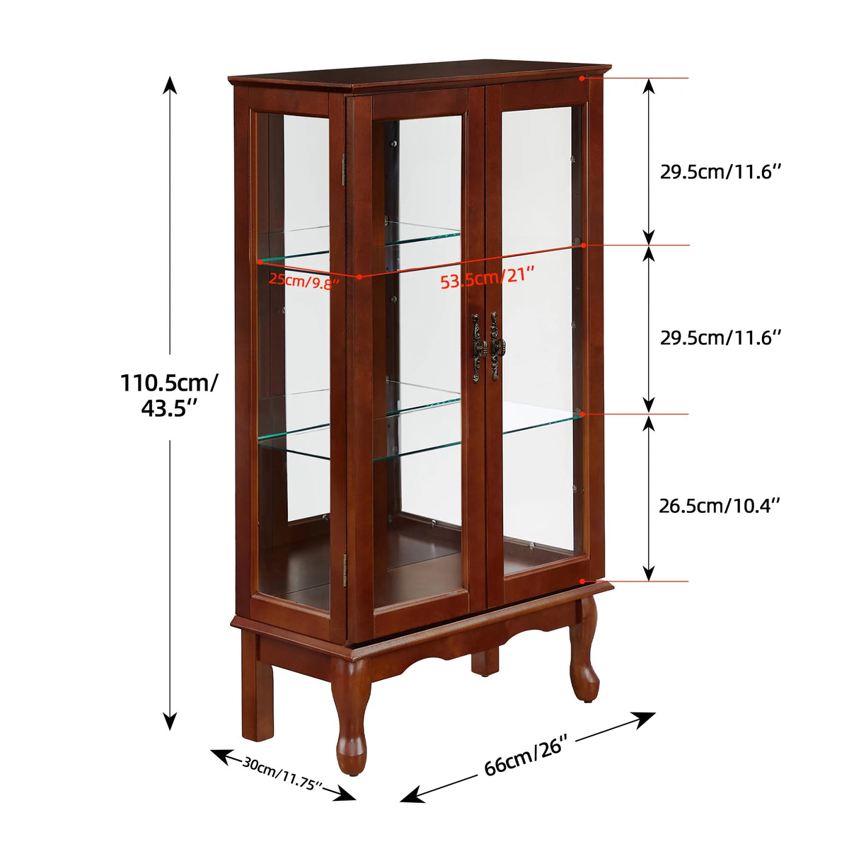 3 Tier Curio Cabinet with Tempered Glass Doors, Cherry W1769