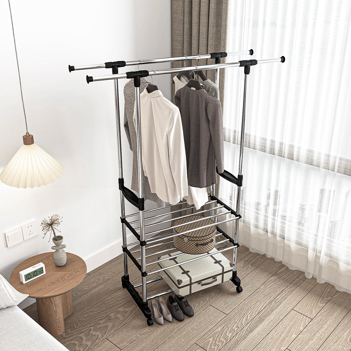 Adjustable Garment Rack with 2 Tier Metal Shelf, Rolling Clothes Organizer W908