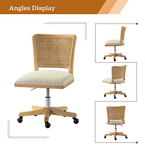 Upholstered Armless Swivel Desk Chair with Rattan Mid-Back A492