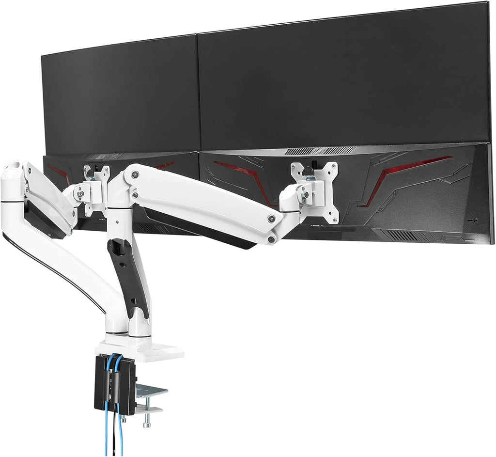 Dual Monitor Arm Desk Mount for Flat Curved Monitor, White, VESA, C-Clamp, Grommet, Cable Management C16970