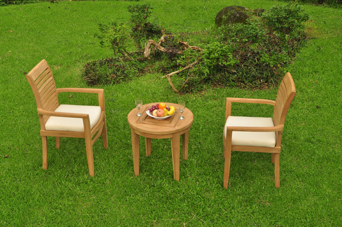 3 Pc Teak Dining Set with Round Side Table and 2 Stacking Arm Chairs E389383