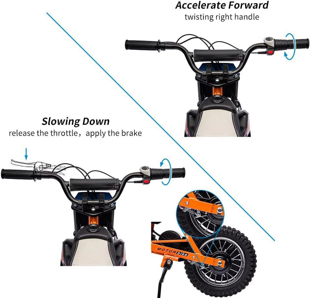 24V Electric Off-Road Motorcycle 250W Motor 13.6MPH Fast Speed Motocross Leather Seat Dirt Bike Twist Grip Throttle Metal Suspension Air-Filled Tires for Kids Teens Age 13+ Blue B194