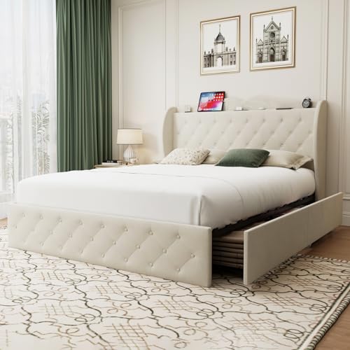 Full Size Velvet Upholstered Platform Bed Frame with 4 Storage Drawers X6688
