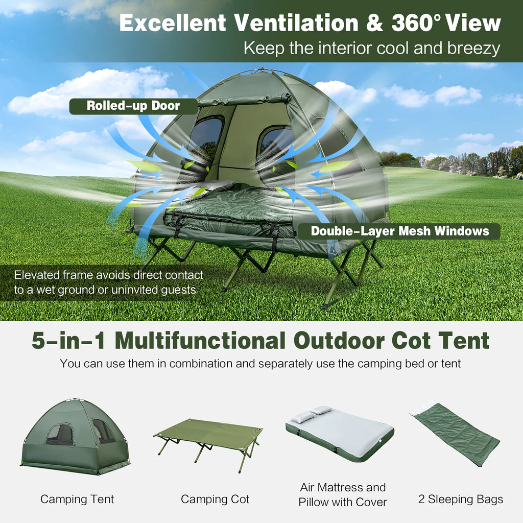 2-Person Pop-Up Tent Camping Cot with Air Mattress and Sleeping Bag F980