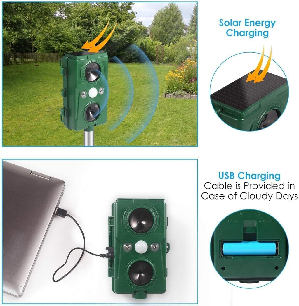 Ultrasonic Solar Animal Deterrent with Motion Sensor and Flashing Lights T443