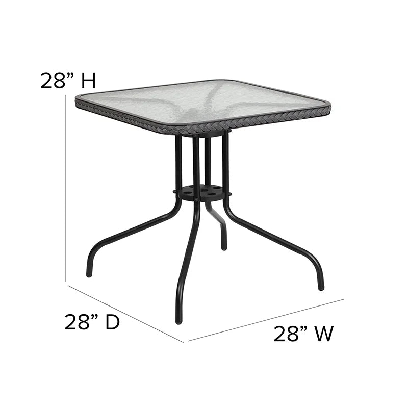 28'' Square Glass Metal Table with 2 Gray Rattan Stack Chairs X81433