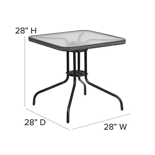 28'' Square Glass Metal Table with 2 Gray Rattan Stack Chairs X81433