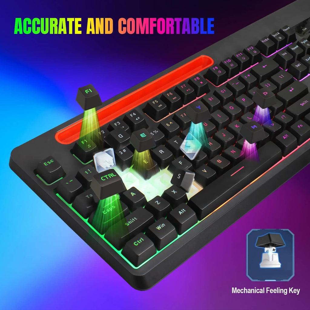 Wireless Gaming Keyboard and Mouse Combo, Rainbow Backlit Mechanical Feel, Anti-ghosting, Ergonomic Design, Tablet/Phone Bracket, Long Battery Life, Pack of 2 A7657
