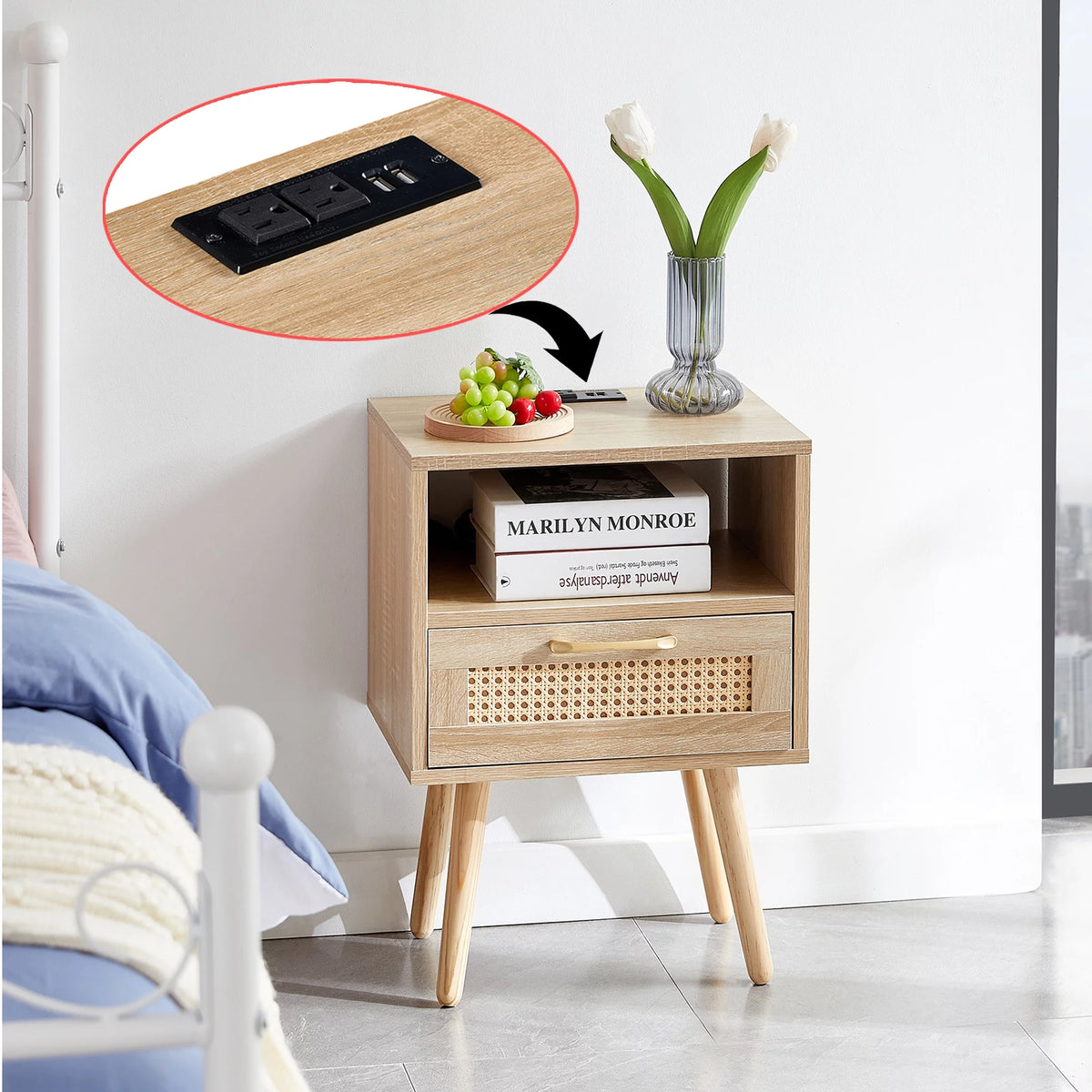 Rattan Wood Nightstand 1 Drawer with Socket USB E665847