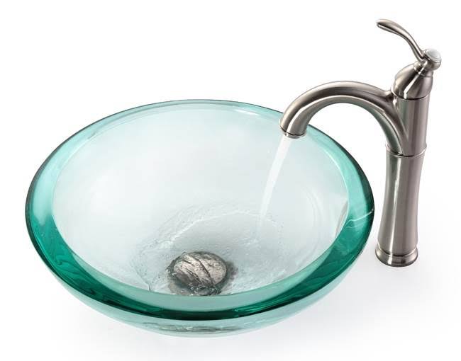 Glass Circular Vessel Bathroom Sink with Faucet, Satin Nickel E50329