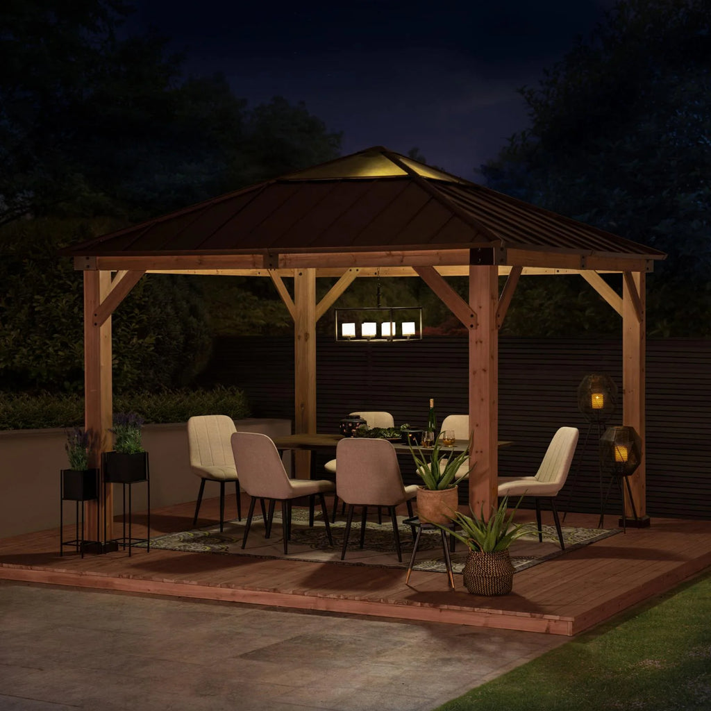 13 ft. x 15 ft. Cedar Framed Gazebo with Brown Steel and Polycarbonate Hip Roof Hardtop B98384