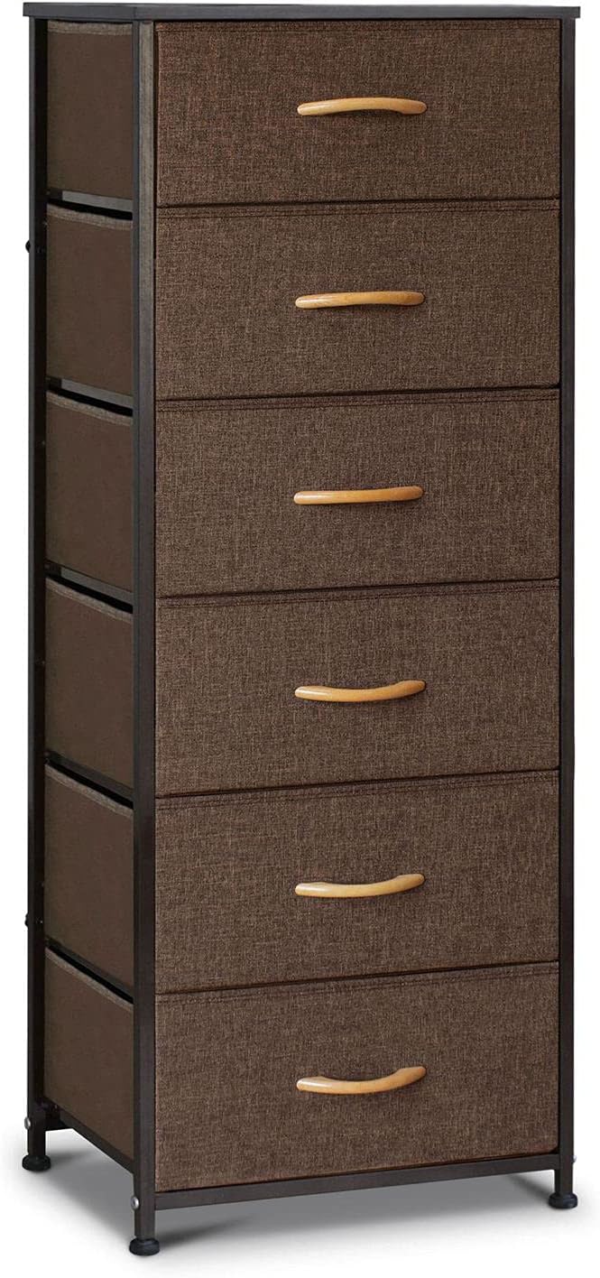 Gray Fabric 6 Drawers Vertical Storage Tower with Metal Frame and Wooden Top F892378