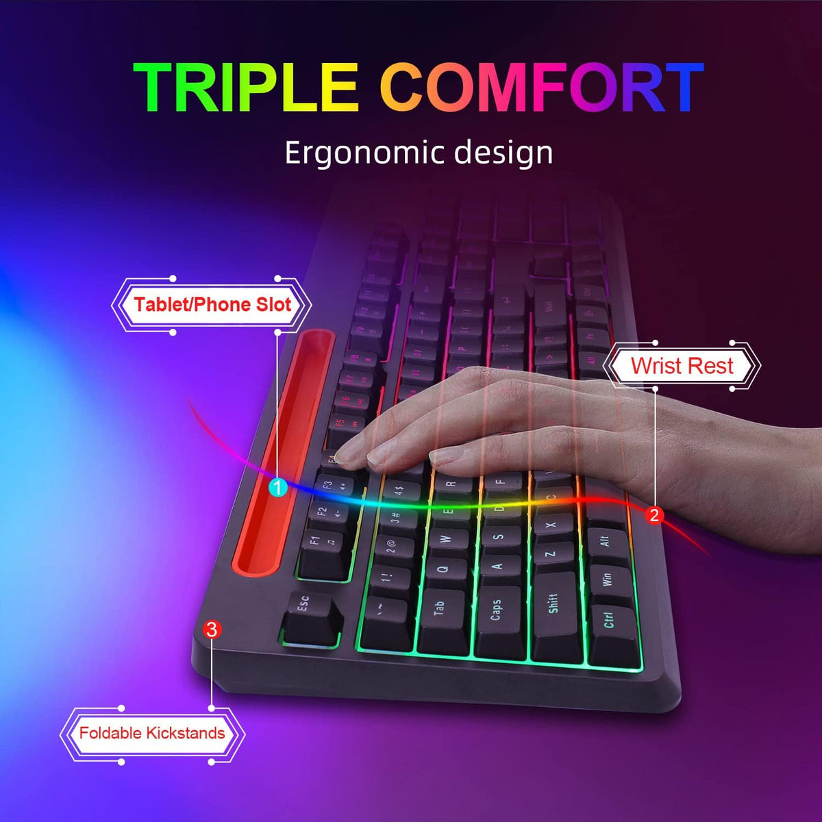 Wireless Gaming Keyboard and Mouse Combo, Rainbow Backlit Mechanical Feel, Anti-ghosting, Ergonomic Design, Tablet/Phone Bracket, Long Battery Life, Pack of 2 A7657