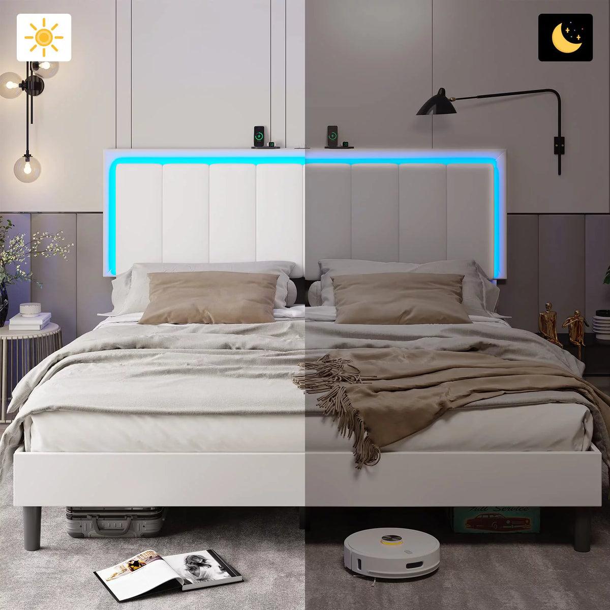 White Queen Upholstered Platform Bed Frame with Charging Station and LED Lights Y679
