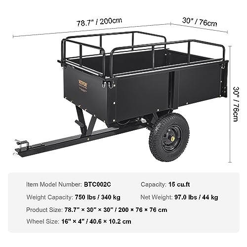 Heavy Duty Steel ATV Dump Cart, 750 lbs, 15 Cubic Feet Garden Utility with Removable Sides Z82487
