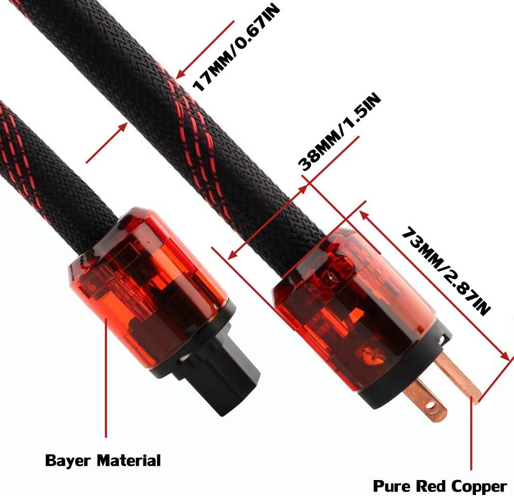HiFi Power Cable, 125V 15A, Copper Shielding, Braided Sleeve, 6.6FT J9559