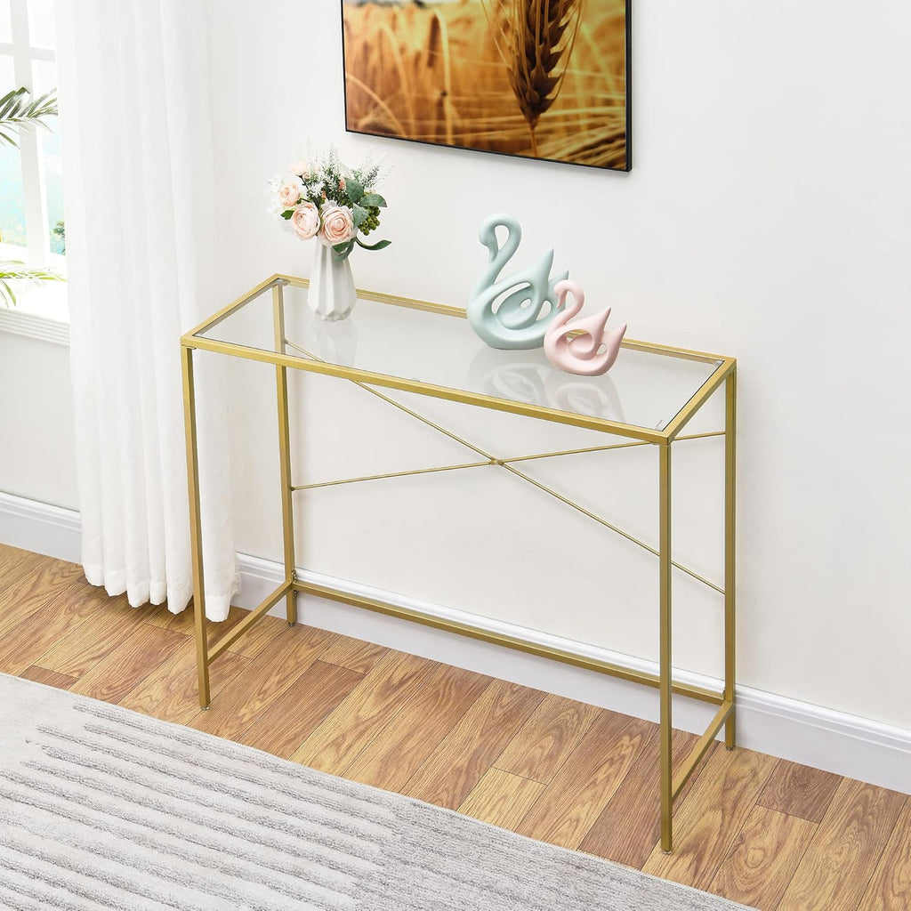 Gold 39.37" Tempered Glass Top Narrow Console Table with Metal Frame K6575