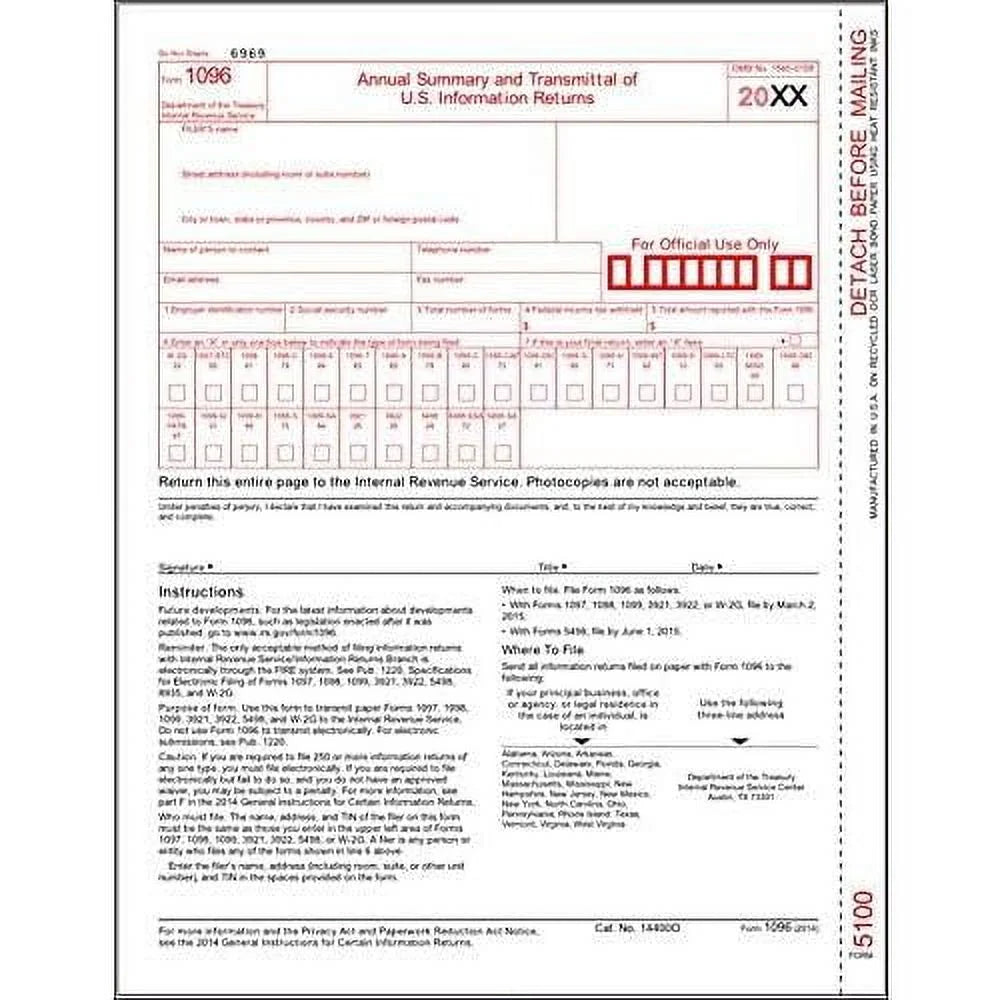 1096 Laser Transmittal Summary Red Form 5 Pack S8459