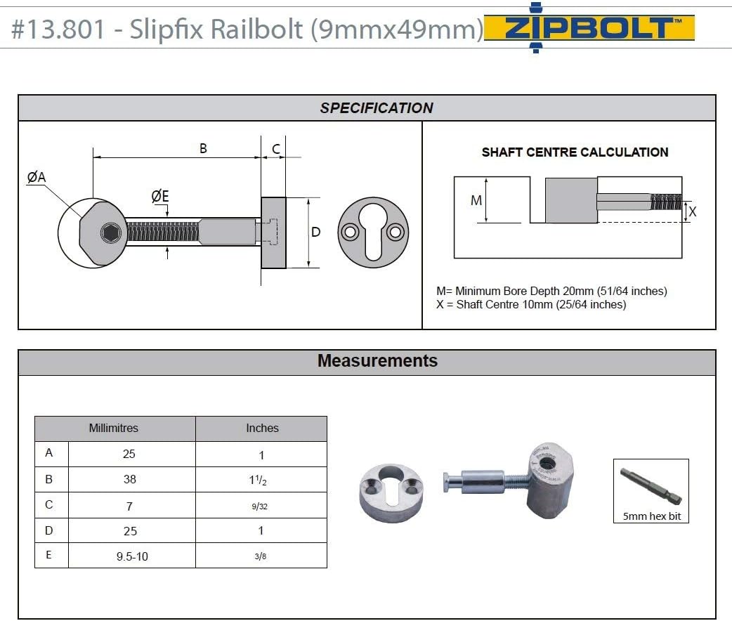 Slipfix Railbolt 10 Bulk Pack with 5mm Hex Bit I81314