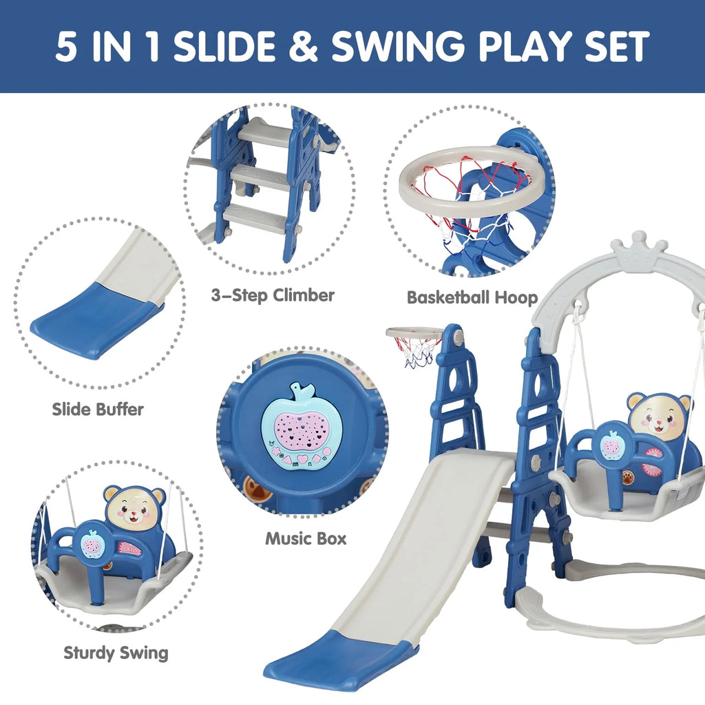 Blue Kids 5-in-1 Slides Climbing Swing Set I44001