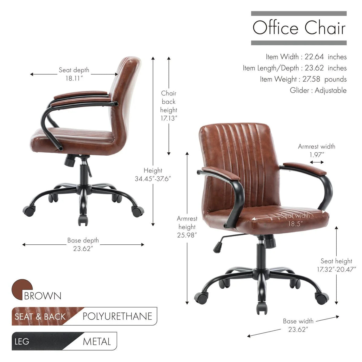 Swivel Office Chair with Leather Upholstery and Caster Wheels Q58775