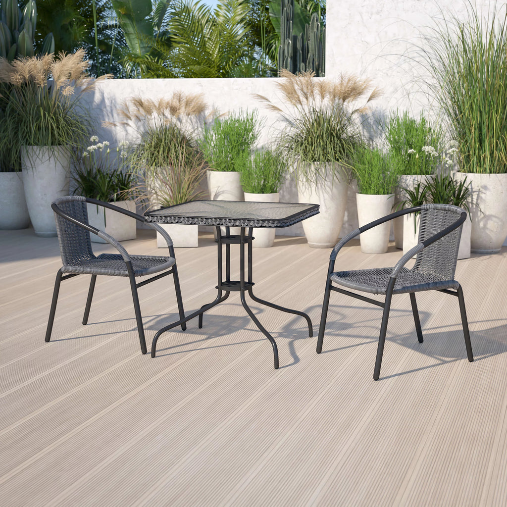 28'' Square Glass Metal Table with 2 Gray Rattan Stack Chairs X81433
