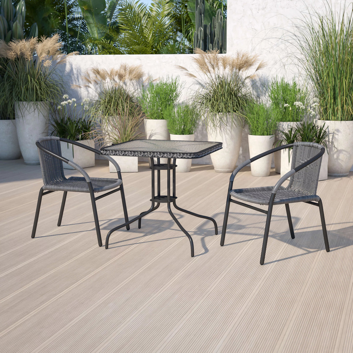 28'' Square Glass Metal Table with 2 Gray Rattan Stack Chairs X81433