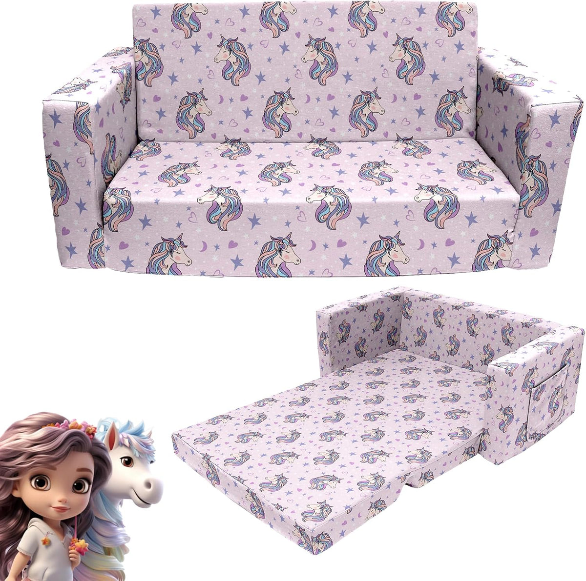 2 Seats Convertible Polyester Kids Sofa with Folding Sleeper M630269