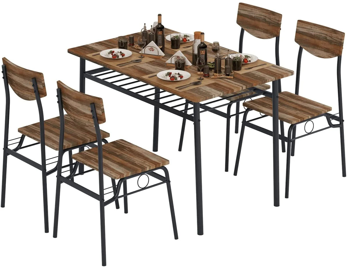 5 Piece Dining Table Set with 4 Chairs and Storage Rack, Wooden Top and Metal Legs, Rustic Brown L44450