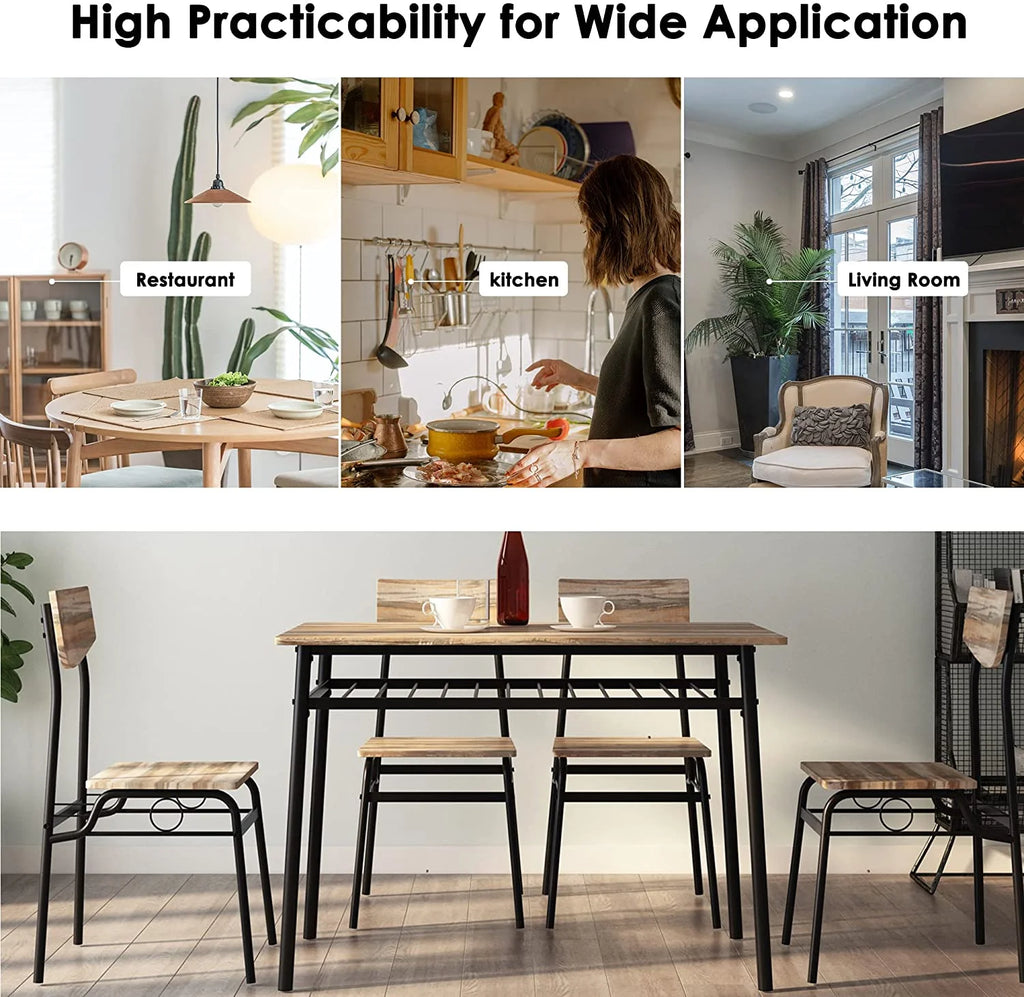 5 Piece Dining Table Set with 4 Chairs and Storage Rack, Wooden Top and Metal Legs, Rustic Brown L44450