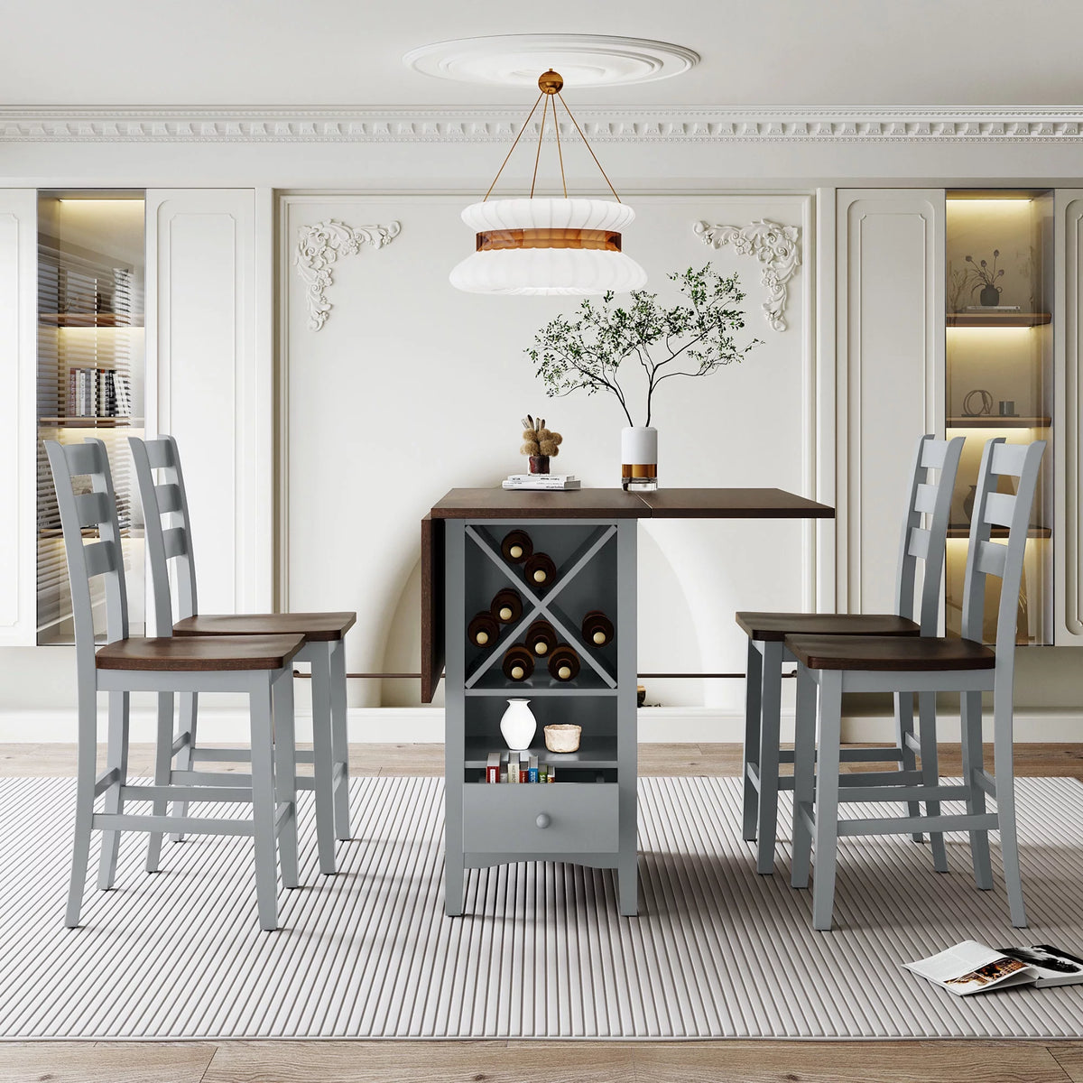 Wood 5-Piece Counter Height Dining Table Set with Rack and Drawers Y778